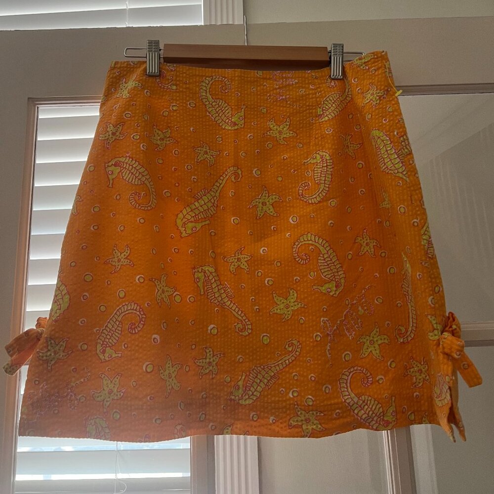 Lily Pulitzer Orange Yellow Seahorse Design Lined Cotton 18" Skirt Sz 12